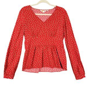 BODEN Red Polka Dot Babydoll Peplum Top Long Sleeve V-Neck Twee Preppy SIZE 6